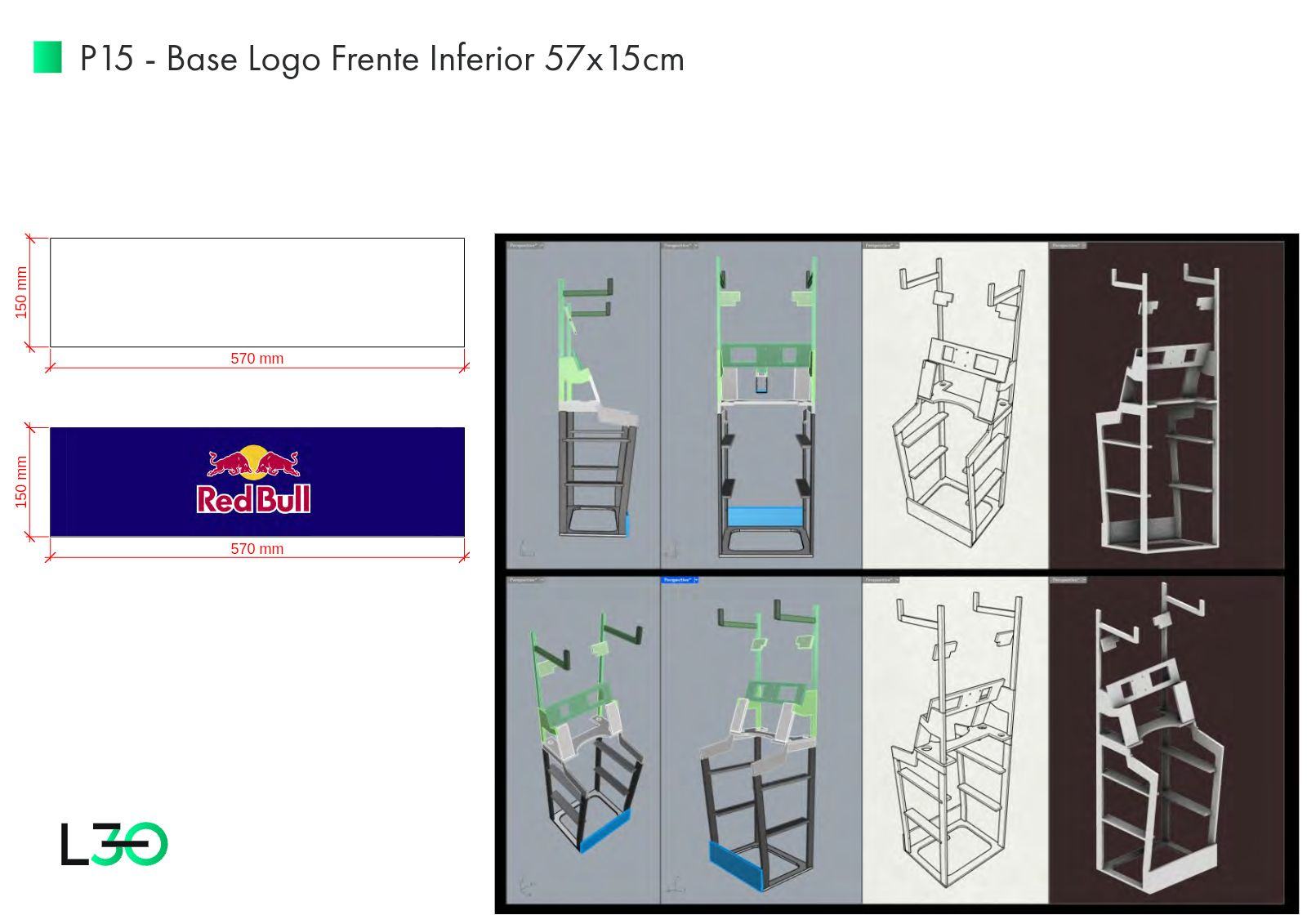 Prancha P15 com painel inferior cotado, aplicação do logo Red Bull e vistas de posicionamento.