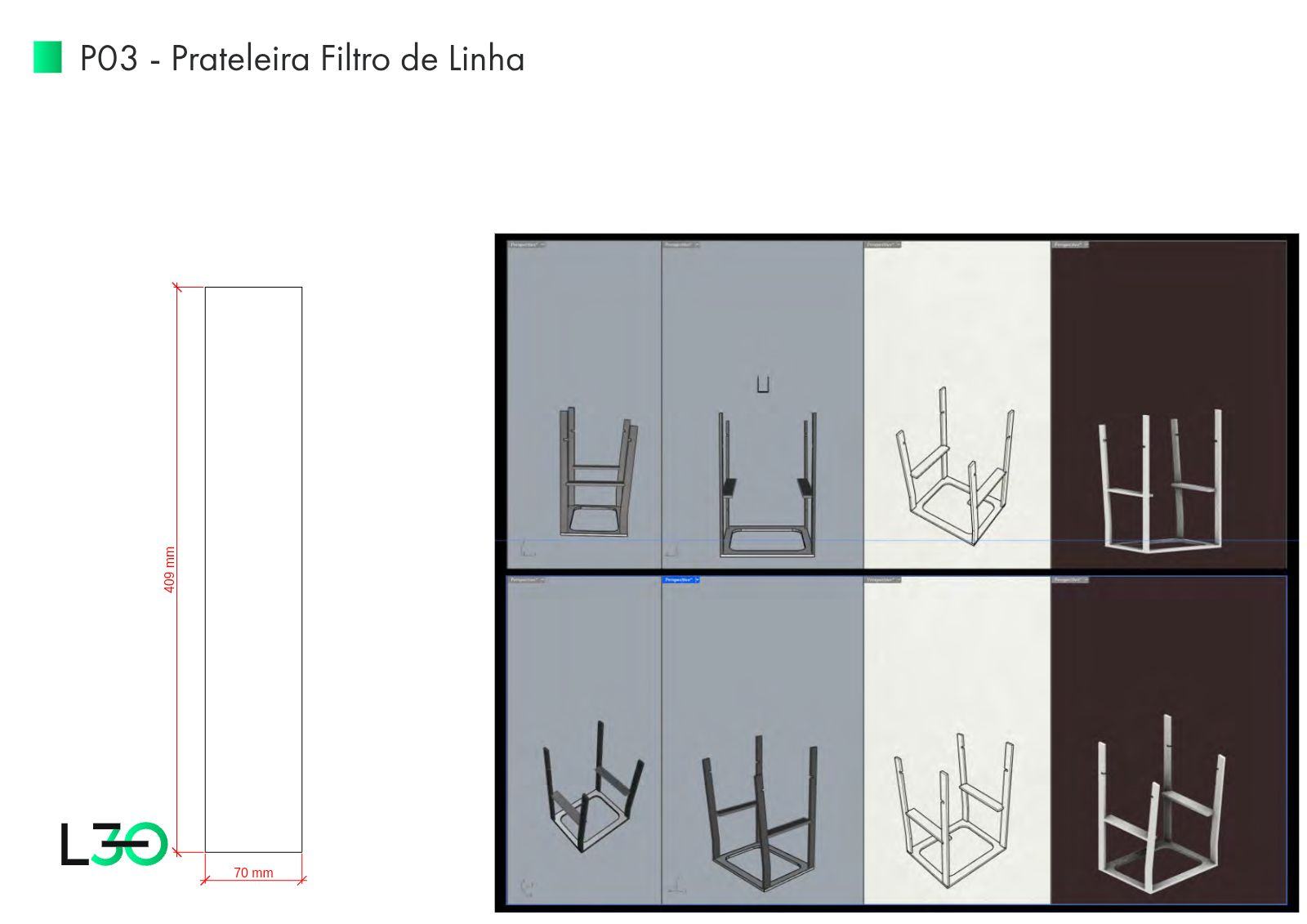 Prancha P03 com desenho cotado da prateleira para filtro de linha e vistas da estrutura.