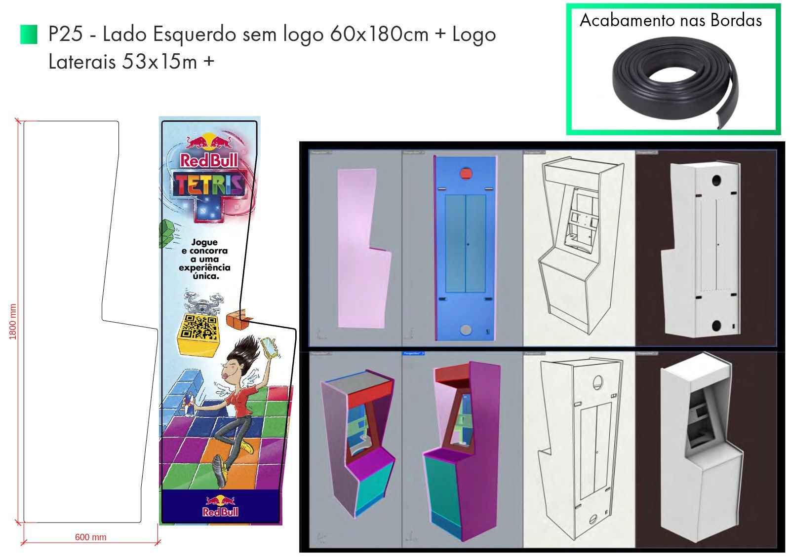 Prancha P25 com perfil da lateral esquerda, aplicação gráfica e referência de acabamento de borda.