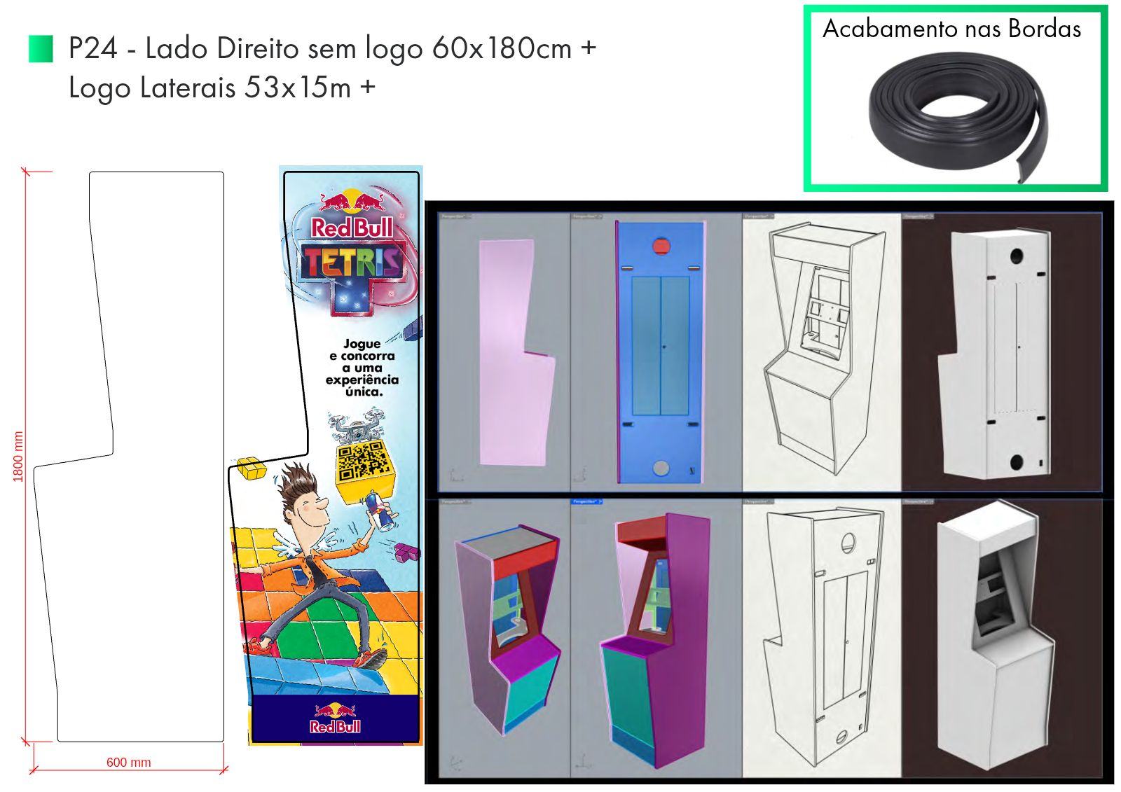 Prancha P24 com perfil da lateral direita, aplicação gráfica e referência de acabamento de borda.