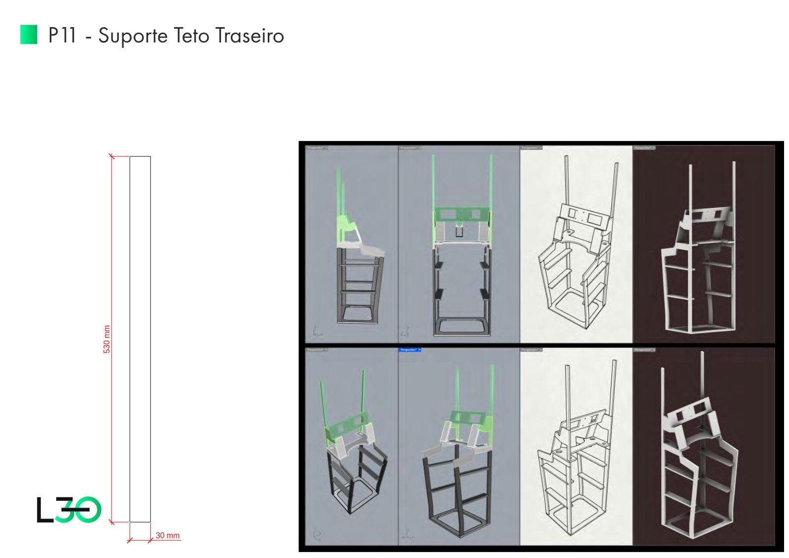 Prancha P11 com peça cotada de suporte traseiro do teto e vistas de posicionamento.