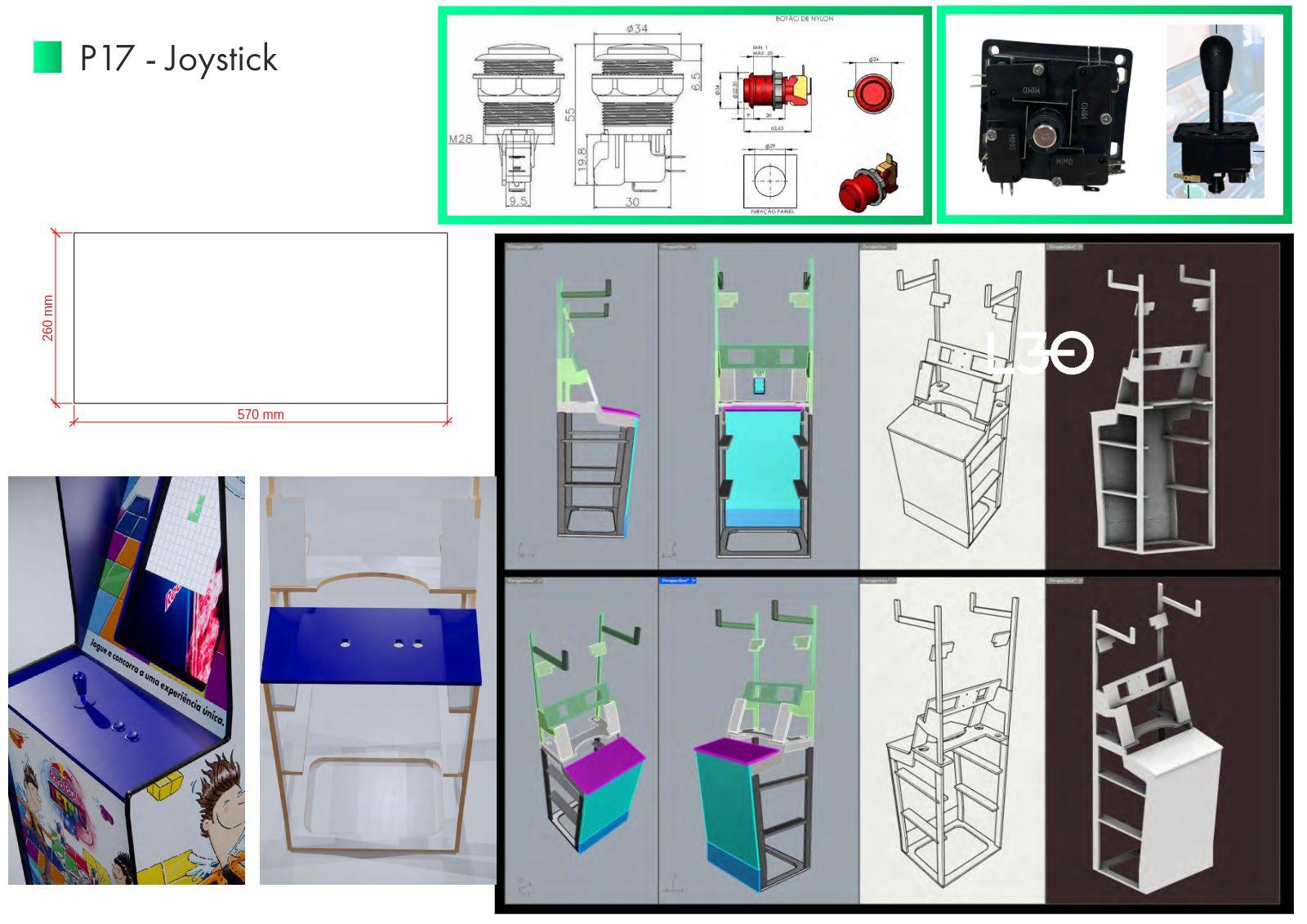 Prancha P17 com painel de comandos cotado, referências de joystick e botões e vistas do modelo.
