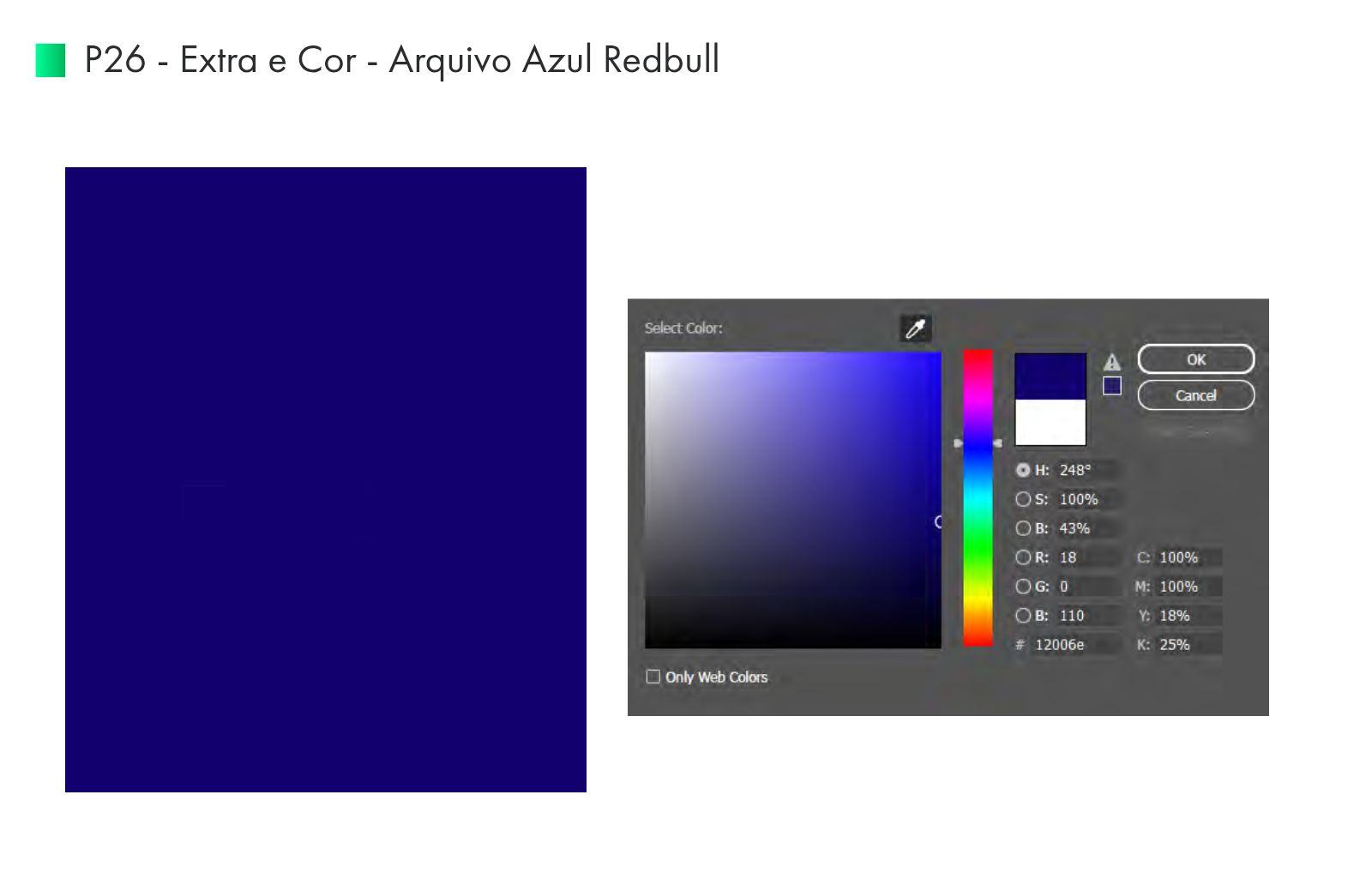 Prancha P26 com amostra digital de azul e janela de seleção de cor.