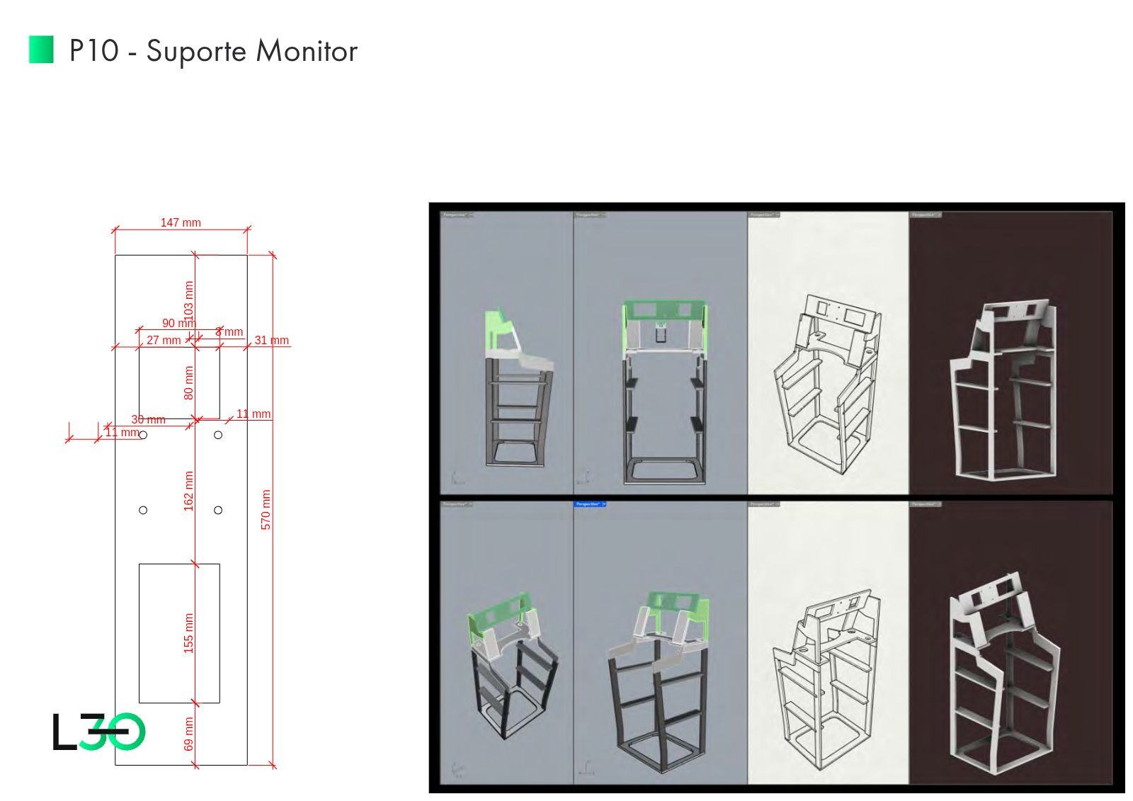 Prancha P10 com desenho cotado do suporte do monitor e sua localização no gabinete.