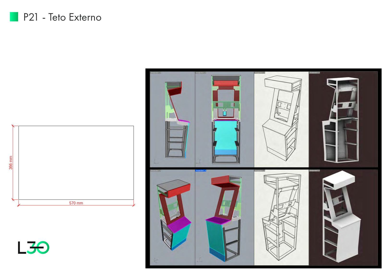 Prancha P21 com desenho cotado do teto externo e sua posição no modelo.