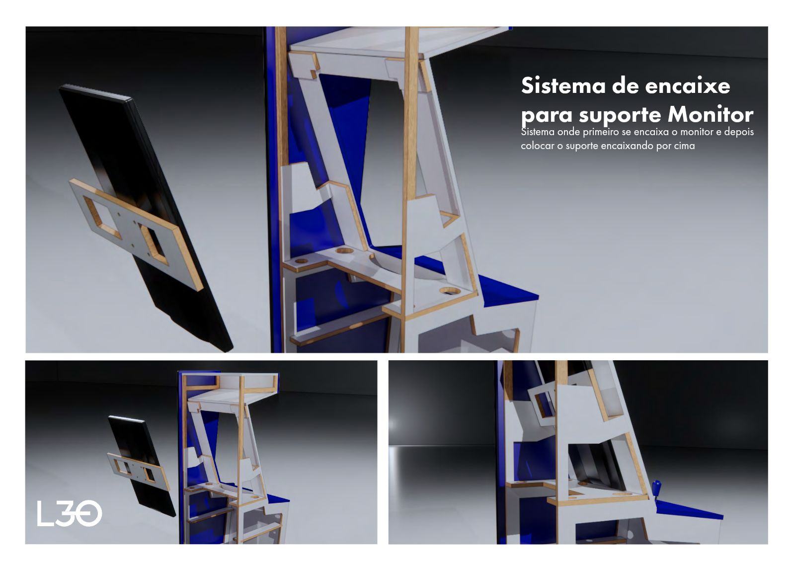 Renders do monitor separado do gabinete e de seu suporte em posições de encaixe.