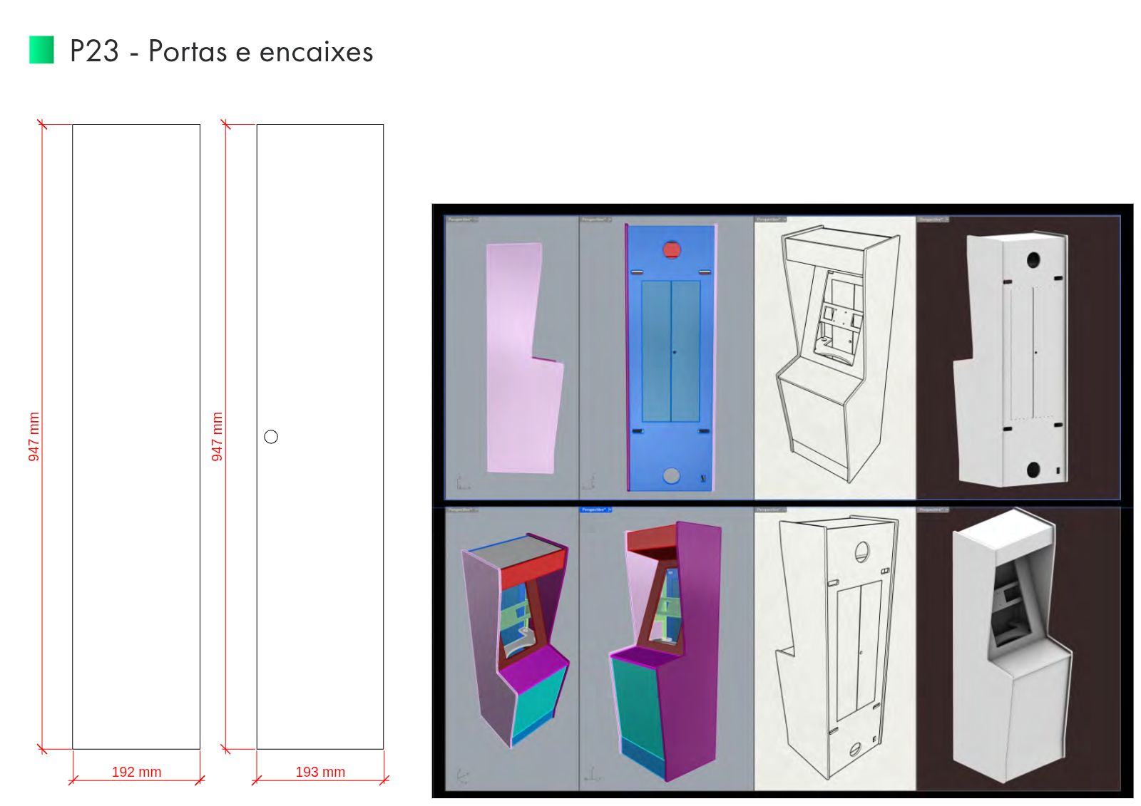 Prancha P23 com desenhos cotados das duas portas traseiras e posição no conjunto.