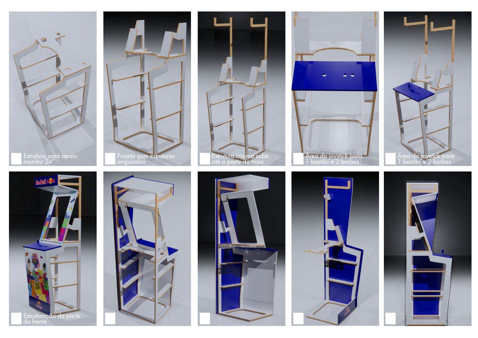Sequência de renders da estrutura, do apoio do monitor, do painel de comandos e dos fechamentos.