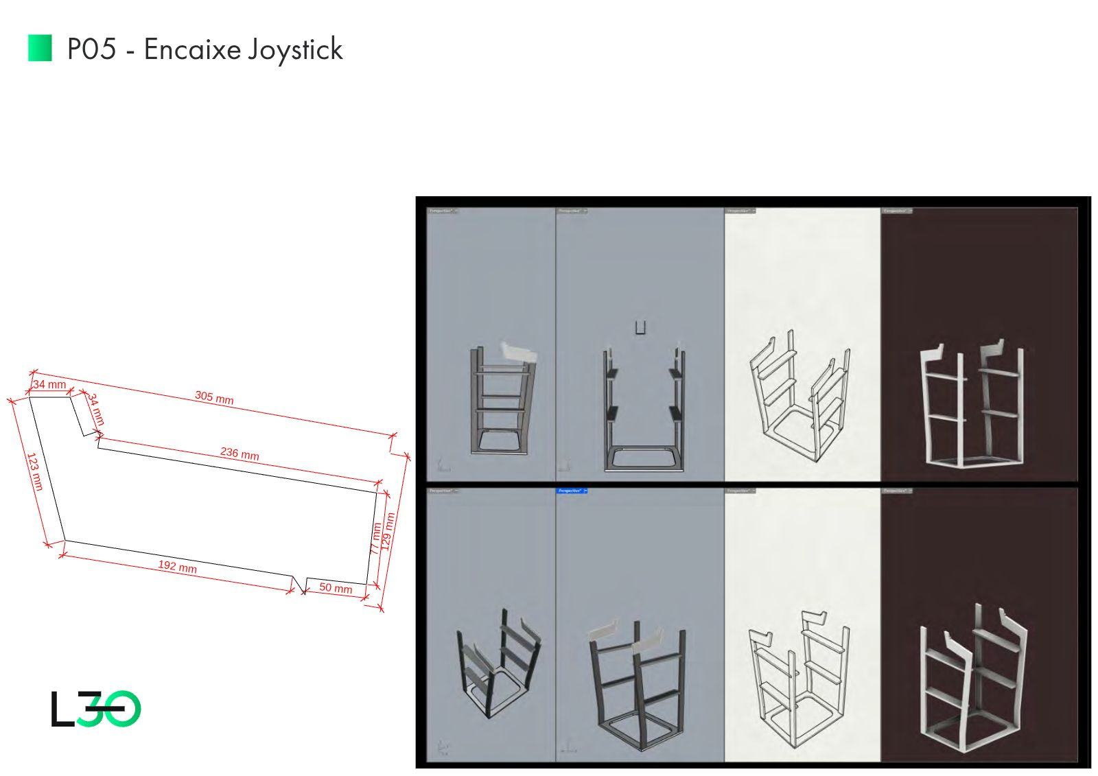 Prancha P05 com perfil cotado do encaixe do painel de joystick e vistas de posicionamento.