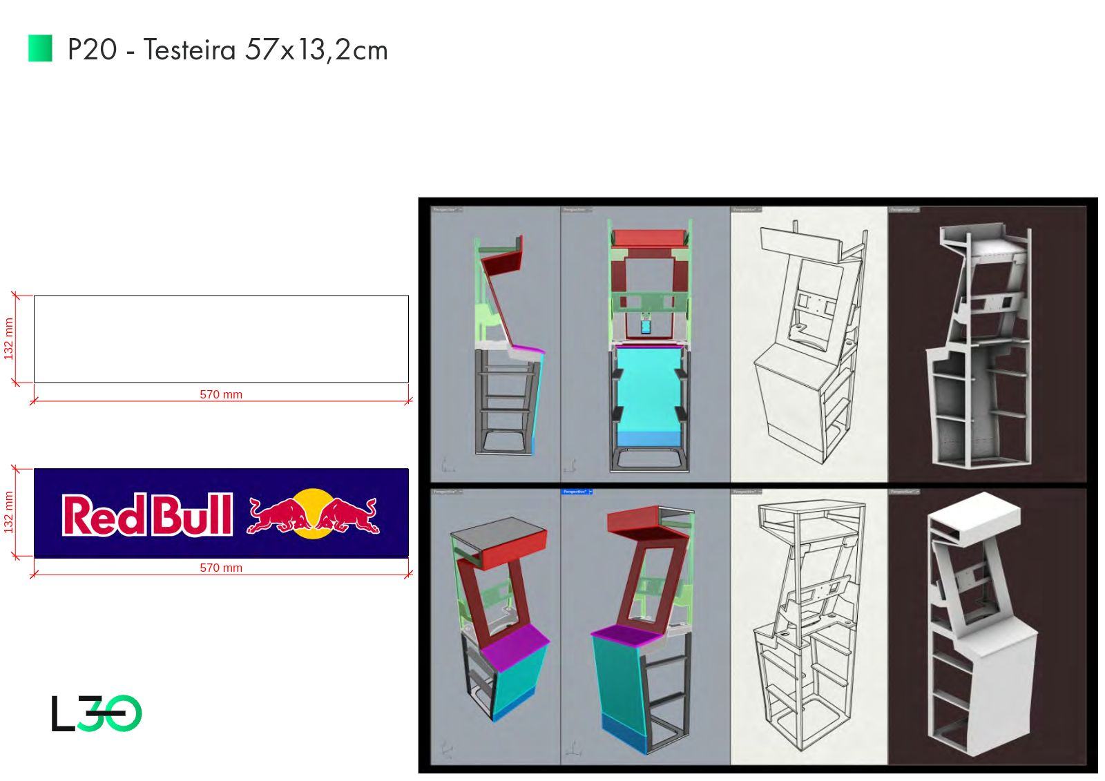 Prancha P20 com testeira cotada, aplicação do logo Red Bull e vistas do conjunto.