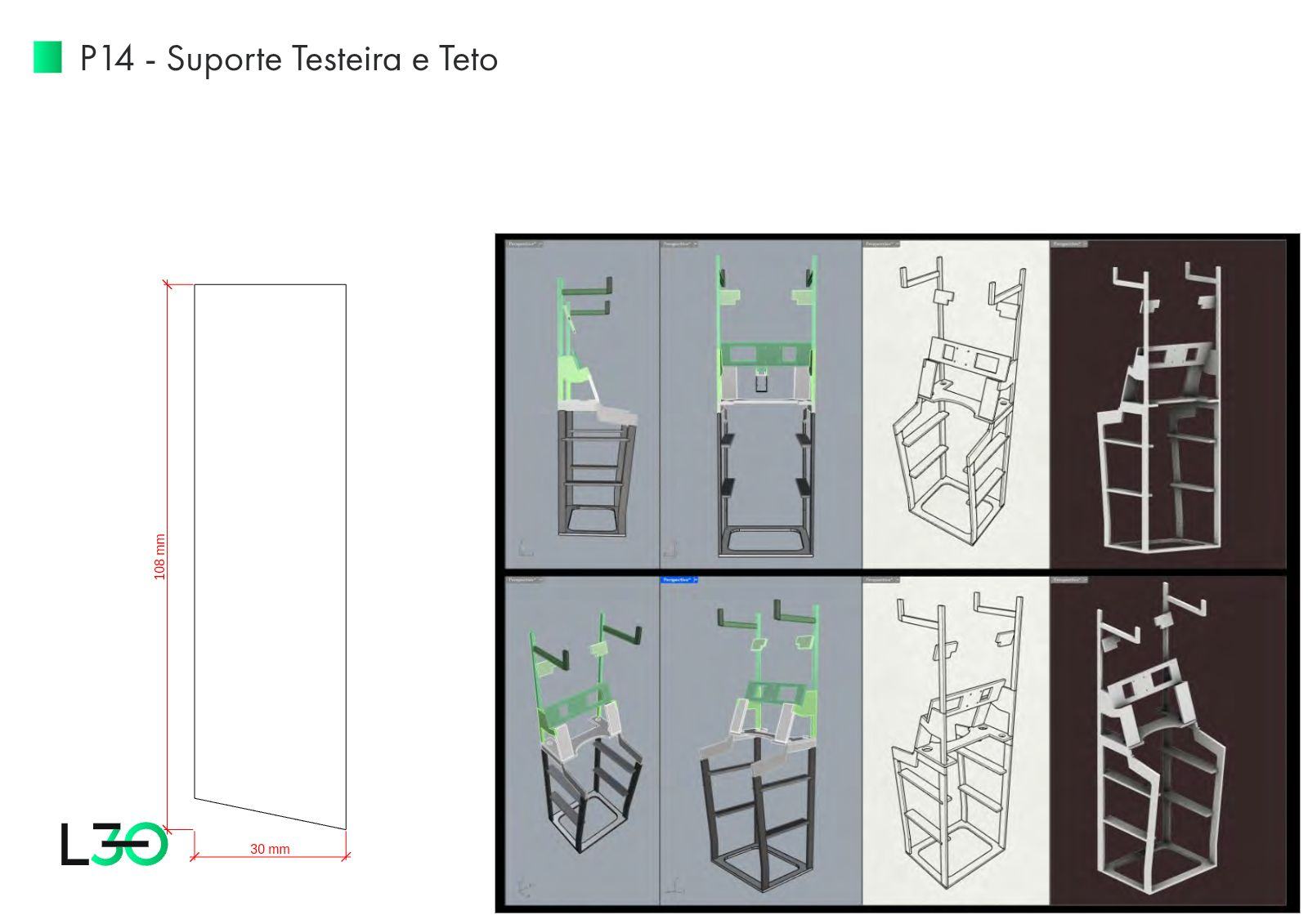 Prancha P14 com perfil cotado do suporte da testeira e do teto.