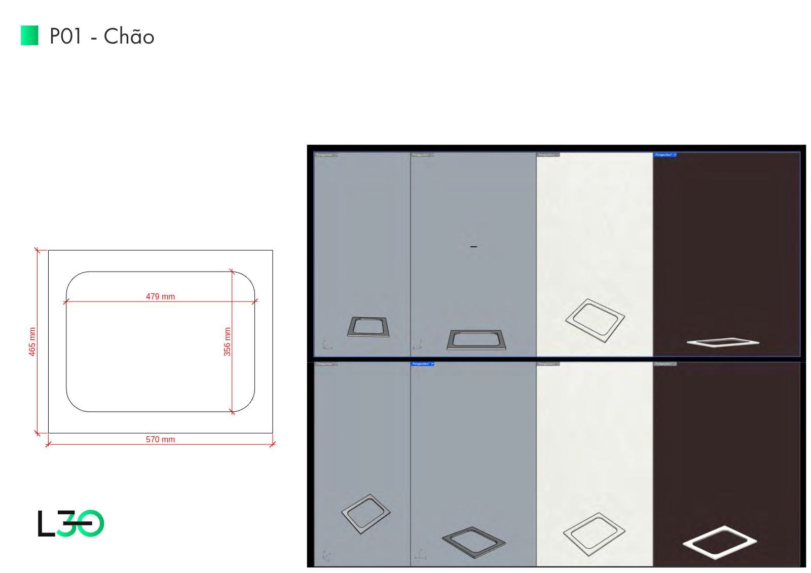 Prancha P01 com desenho cotado da base vazada e vistas no modelo tridimensional.