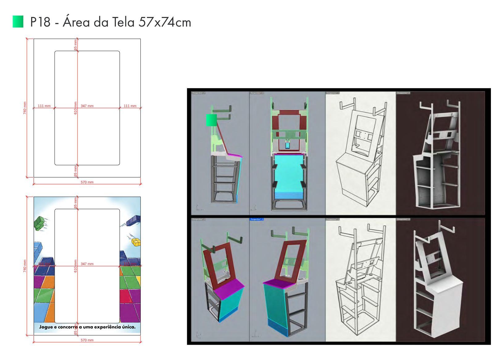 Prancha P18 com recorte cotado para a tela, aplicação gráfica e posição no gabinete.